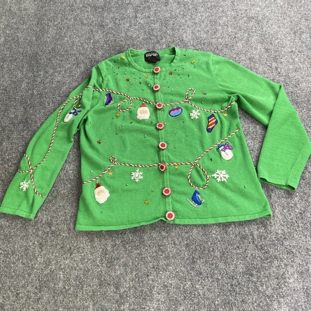 VTG Y2K Designers Originals Studio‎ Joy Christmas Cardigan M Green Embroidered